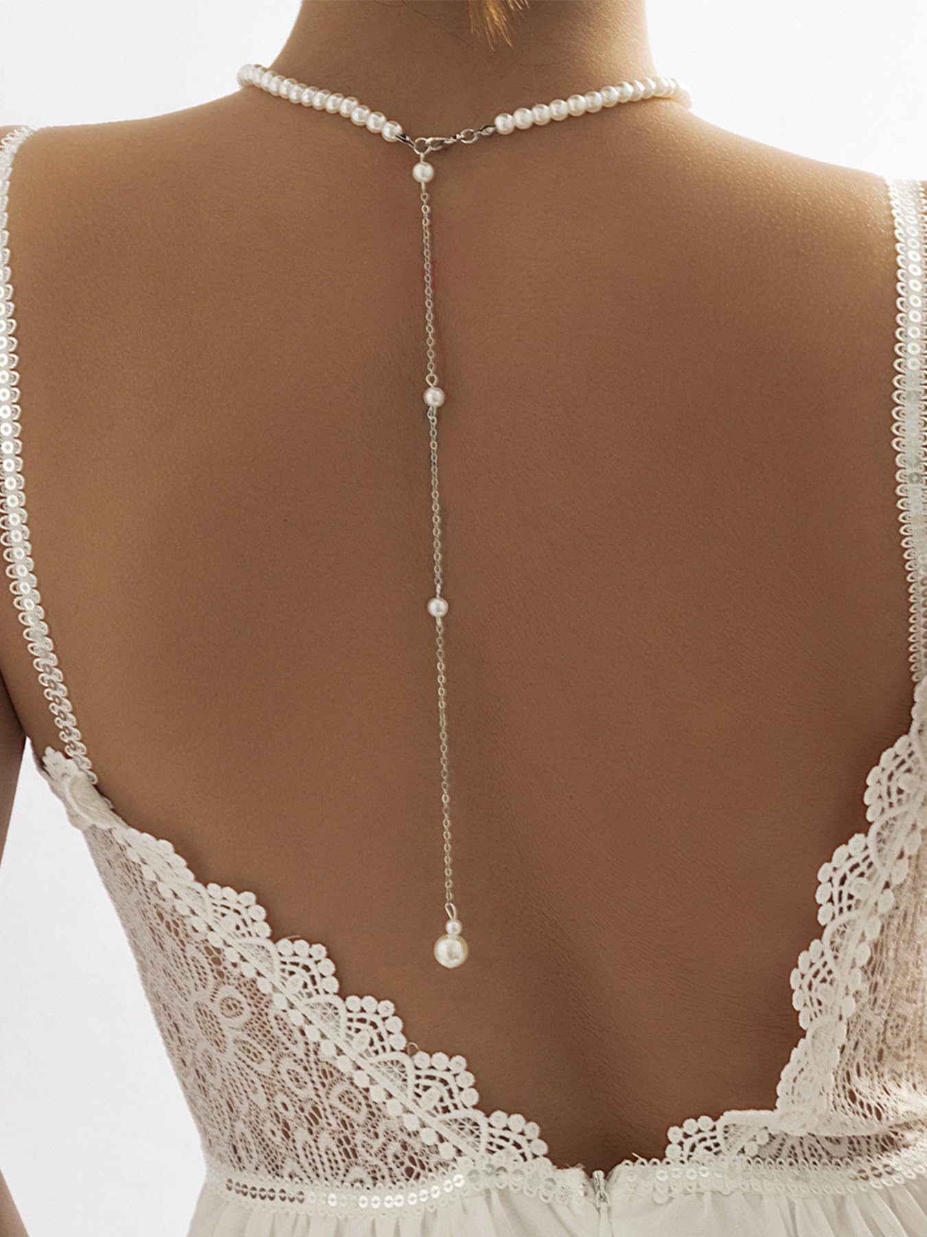 Longita Pearl Back Necklace for Backless Dress Back Jewelry Backdrop Pearl Necklace Back Chain Silver Body Chain Jewelry for Women Sexy Trendy Dainty Summer Bride Accessories