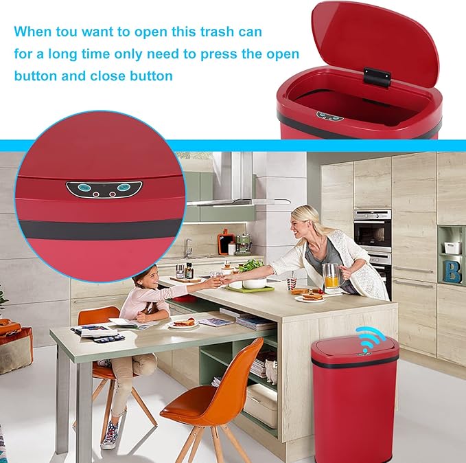 Bigacc 13 Gallon 50L Touch Free Automatic Stainless Steel Trash Can Garbage Can Metal Trash Bin with Lid for Kitchen Living Room Office Bathroom, Electronic Motion Sensor Automatic Trash Can - Red