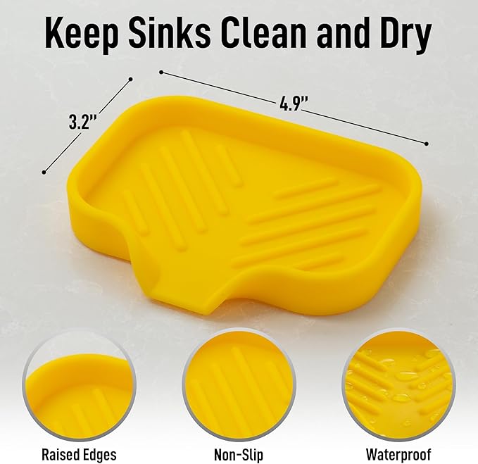 Zulay Kitchen Small Silicone Sponge Holder (4.9x3.3”) – Space-Saving Sink Organizer Tray for Sponge, Soap, Brush & More – Compact Non-Slip Dish for Kitchen & Bathroom (Yellow)