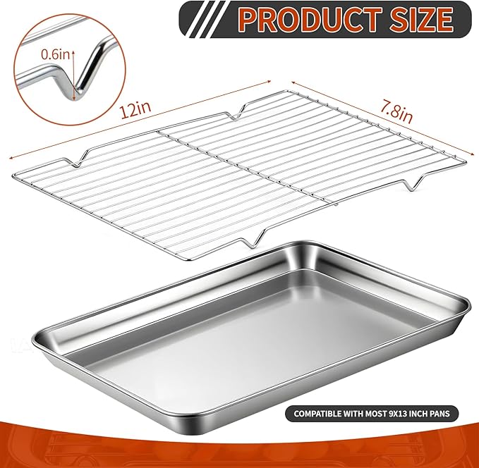 Roasting Rack for 9x13 Inch Pan, Stainless Steel Roasting Rack Insert, with Parallel Wires and Raised Feet, Keeps Food Elevated for Even Broiling, Easy to Clean, Ideal for Chicken, Turkey and Meat