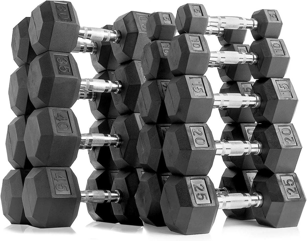 6-10 Pair Iron and Rubber Dumbbell Set 350/450 and 550 lbs 5-50 lbs Hand Free Weight for Strength Hex Coated Weights with Vertical Storage Rack Home Gym 5-50 lb - Black