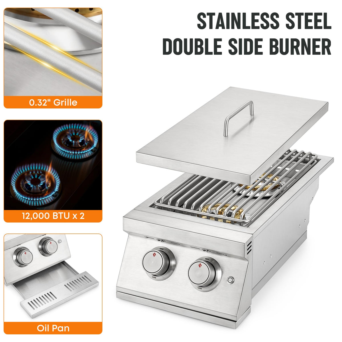 Hygrill Double Side Burner, Built In Double Grilling Side Burners for Outdoor Kitchen, Outdoor BBQ Grill Island, Natural Gas Version
