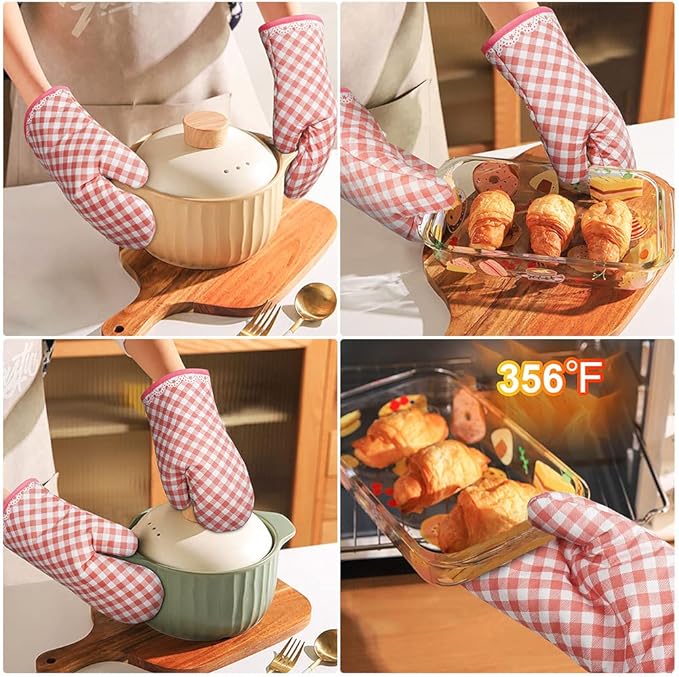 AUAUY Pink Oven Mitts, Kitchen Mittens, 392F Heat Resistant Non-Slip Gloves for Cooking, Baking, BBQ, Grilling - Cotton Infill, 1 Pair