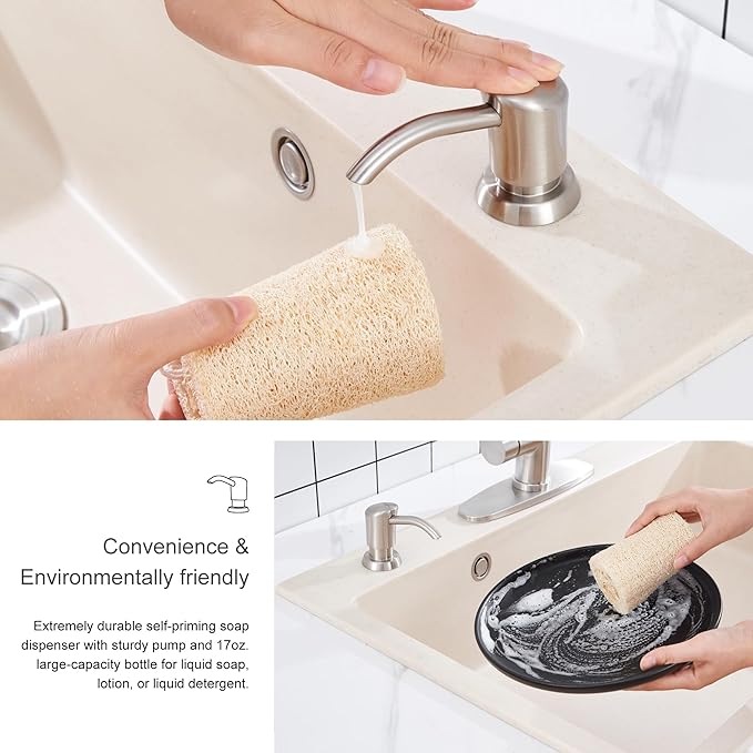 GAGALIFE Built in Sink Soap Dispenser or Lotion Dispenser for Kitchen Sink, Brushed Nickel ABS Pump Head, with 17 Ounce Large PET Soap Bottle