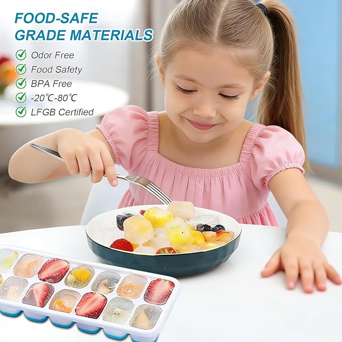 Ice Cube Tray with Lid, Easy-Release, Flexible, Ice Cube Tray, Spill-Resistant, for Freezer, Cocktail, Drinks, Coffee, 2 Pack 28 Pcs, Blue,1.1x2.8x7.2 in
