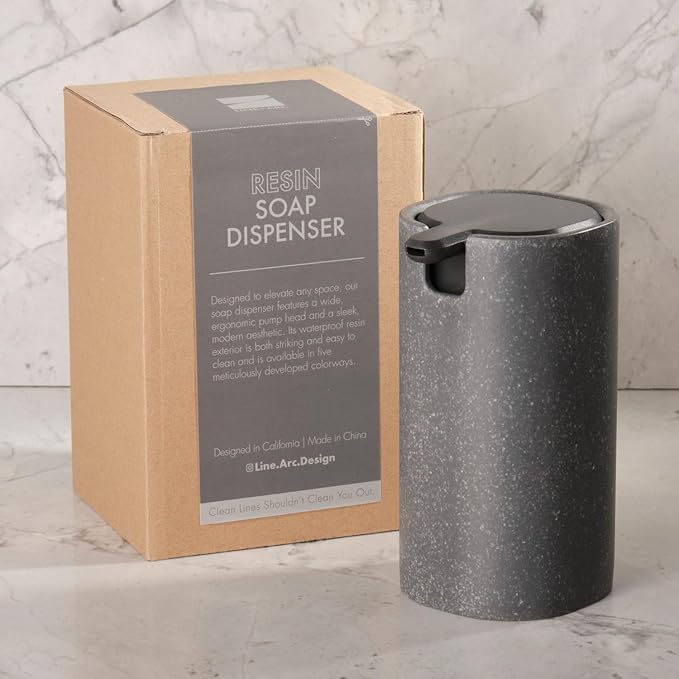 LINE+ARC Modern Easy-to-Press Soap Dispenser (Slate). No-Rust Cute Bathroom Gray Marble Kitchen Sink Ergonomic Liquid Lotion Shampoo Conditioner