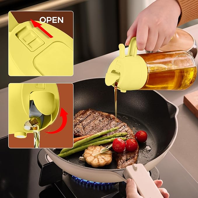 YARRAMATE 16oz/470ml Glass Olive Oil Sprayer for Cooking with Stickers, 2 in 1 Oil Dispenser for Kitchen Gadgets, Food Grade Premium Spray Bottle for Salad, Frying, BBQ (Pomelo)