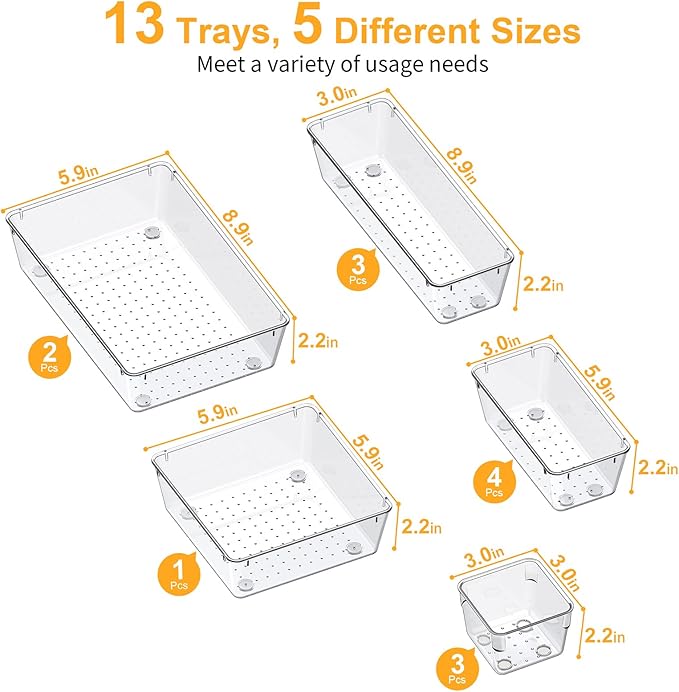 SMARTAKE 13-Piece Drawer Organizers with Non-Slip Silicone Pads, 5-Size Desk Bathroom Drawer Organizer Trays Storage Tray for Makeup, Jewelries, Utensils in Bedroom Dresser, Office and Kitchen, Clear