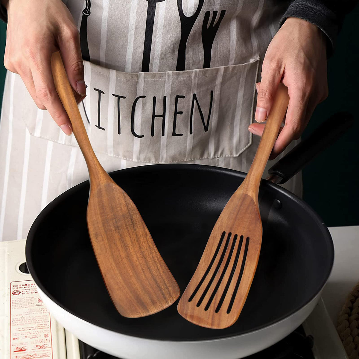 2 Pack Wooden Non Toxic Spatulas for Kitchen Utensils Set Acacia Wood Cooking Spatula Flat Wok Pancake Turner Bamboo Slotted Spoon for Cooking Utensil Spurtle Scraper Long Fish Egg Flipper Spatulas