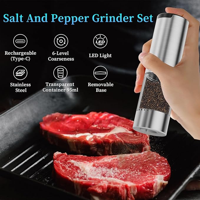 Electric Salt and Pepper Grinder Set Type-C Fast Charging, Automatic Salt and Pepper Shakers Adjustable Coarseness, Stainless Steel Rechargeable Salt and Pepper Grinder with LED Light