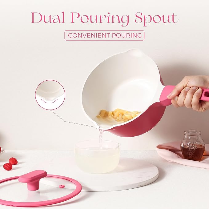PRICUSIS Ceramic Nonstick Saucepan with Lid, 2 Quart Non Toxic Pot with Pour Spouts, Full Coated, 100% Dishwasher Safe, Induction Compatible & Oven Safe, PTFE PFAS & PFOA Free, Raspberry Red