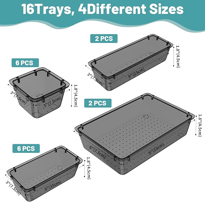 WOWBOX 16 PCS Clear Plastic Drawer Organizer Set, 4 Sizes Desk Drawer Organization and Storage Containers for Makeup, Cosmetics, Jewelry and Gadgets in Kitchen, Bathroom, Bedroom, Office, Clear Black