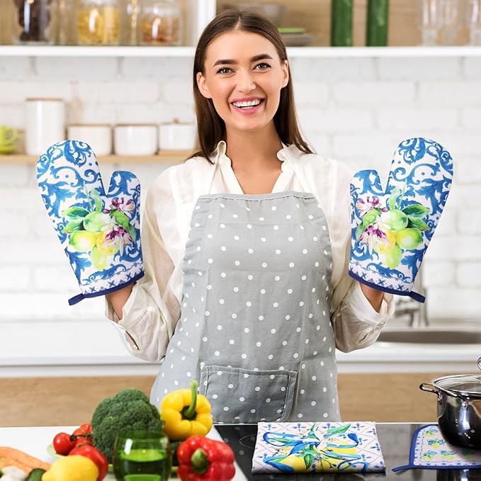 Bencailor 6 Pcs Lemon Kitchen Towels Oven Mitts and Pot Holders Set Decorative Dish Towels Tea Washcloth Non Slip Heat Resistant Oven Gloves for Summer Home Cooking Baking, Blue, Gold