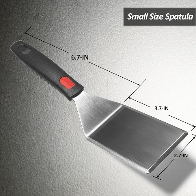 Small Spatula for Cast Iron Skillets, Full Tang silicone Handle, Heat Resistant, Commercial Grade Heavy Duty Turner, Press Burger Spatula Turner for Flipper, Cooking, Serving, 2.7" Wide