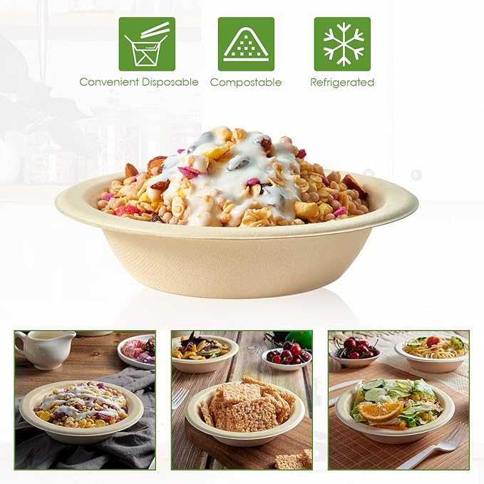 Vplus 180 Pack 16 OZ Paper Bowls, Disposable Compostable Bulk, Eco-friendly Bagasse, Heavy-duty Bowls Perfect for Milk Cereals, Snacks, Salads