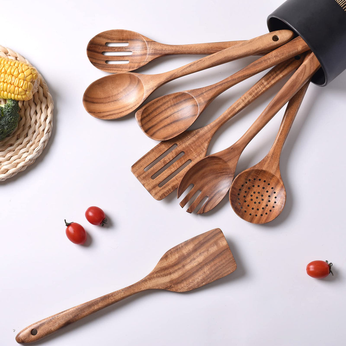 Gudamaye 13 inch Long Wooden Utensils for Cooking, Long Handle Wooden Spoons for Cooking, 7 PCES Crafting Wooden Spoon Set, Wooden Kitchen Utensil set, Natural Teak Wooden utensil Set