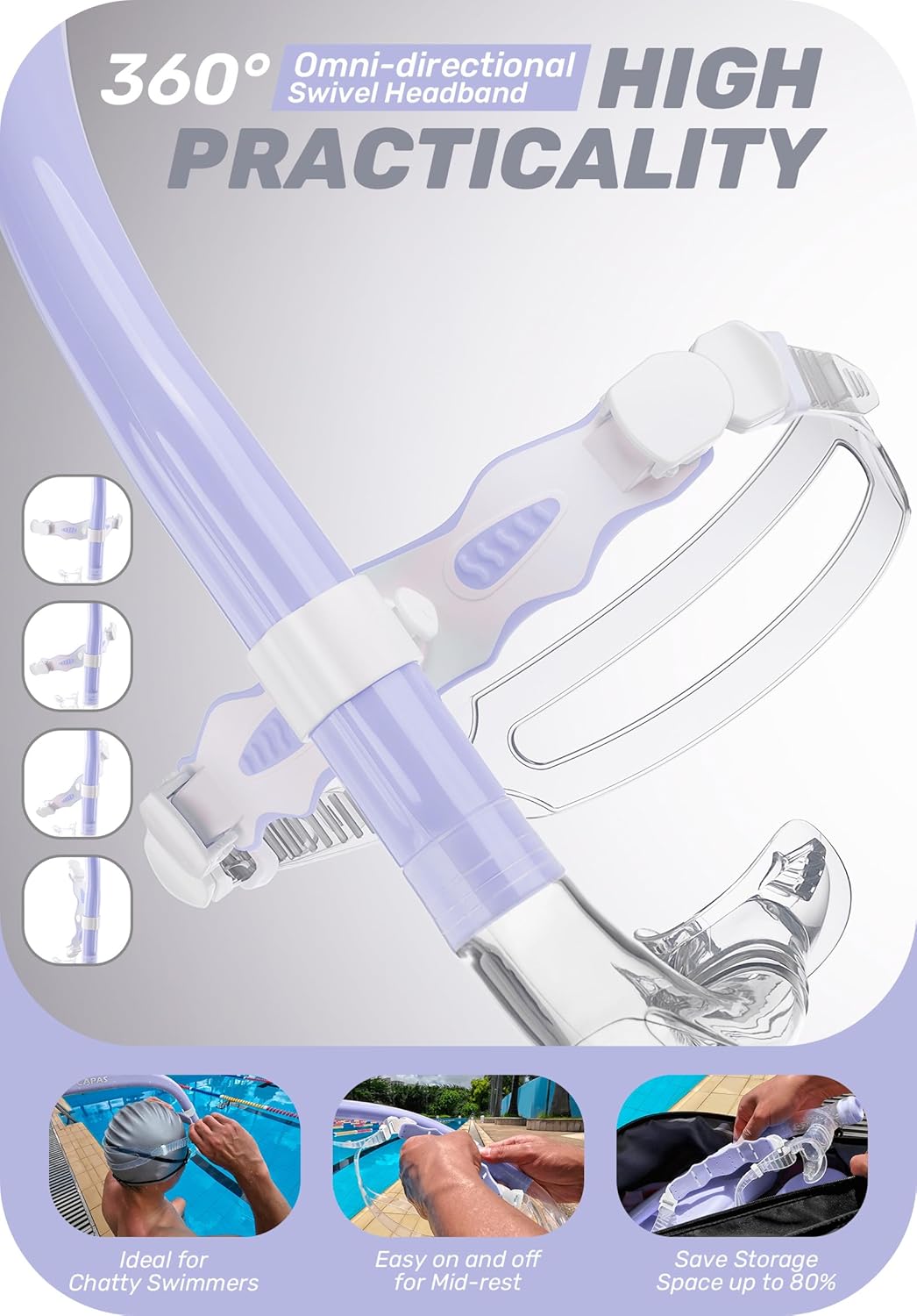 CAPAS Training Swim Snorkel for Lap Swimming, Swivel Headband Ultimate Fit Center-Mount Swimmers Snorkel with Liquid Silicone Mouthpiece Adjustable Strap, Designed for Adult Men Women