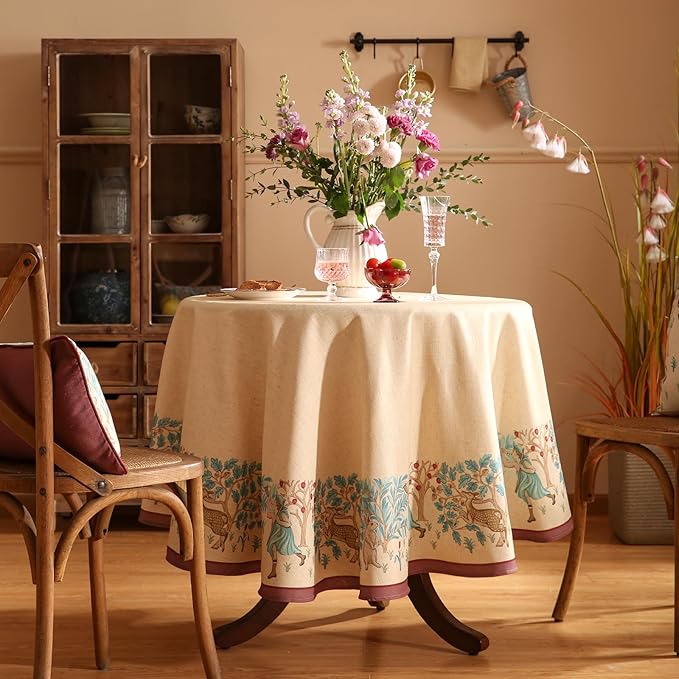 patdrea Designer Vintage Linen Round Tablecloth,Beige Breathable French Trees Pattern Table Cloth,Fall Decoration Table Cover for Kitchen Dining Christmas,Thanksgiving,Diameter 67"-Tatiana D