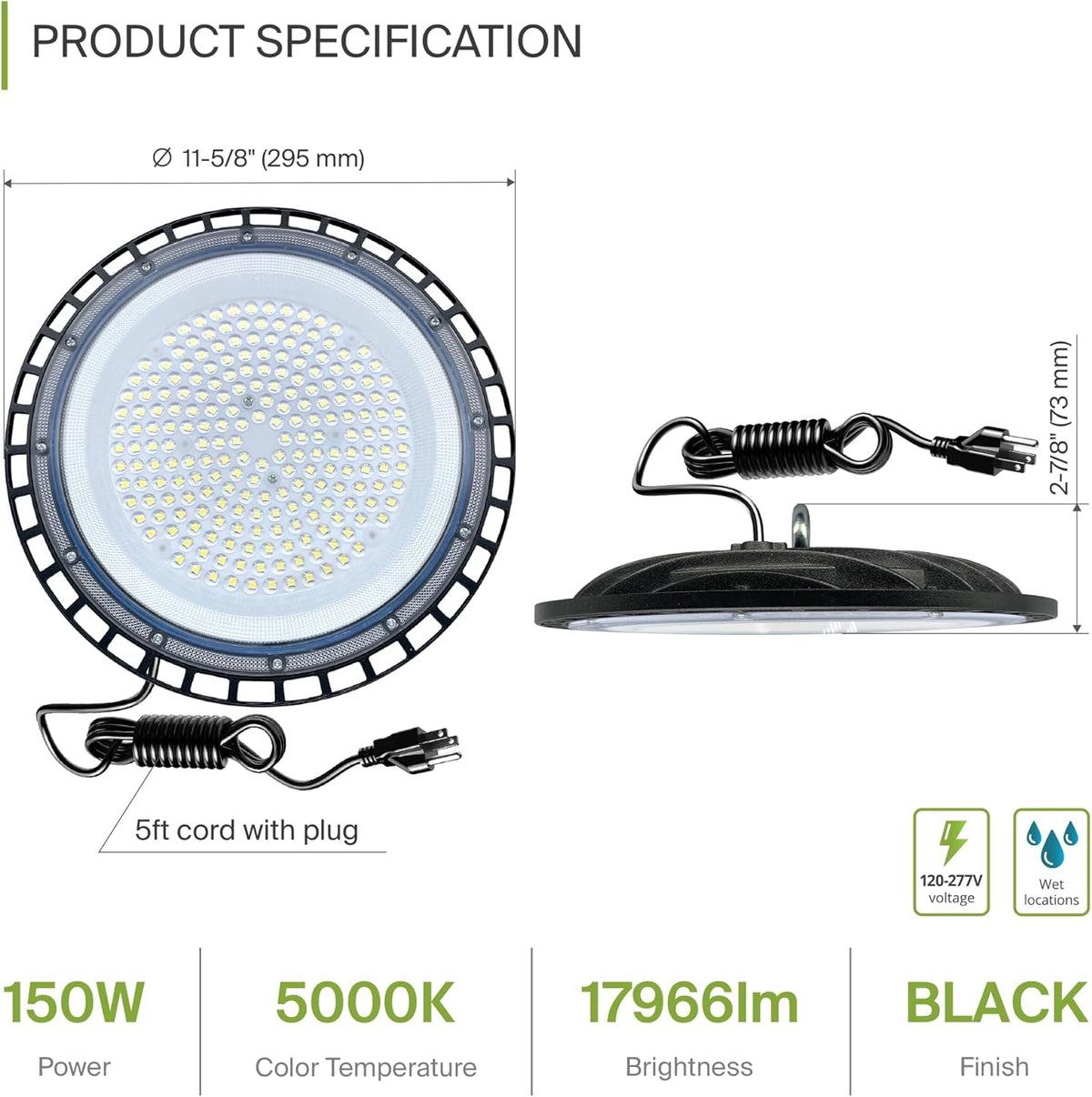 ASD LED High Bay UFO Light Fixture, Commercial Shop Lighting | Plug & Play Cable, IP65 Waterproof, ETL Listed | 150W 18000LM 5000K 100-277V | Warehouse, Garage, Workshop, Barn Lamp | Black, 12 Pack