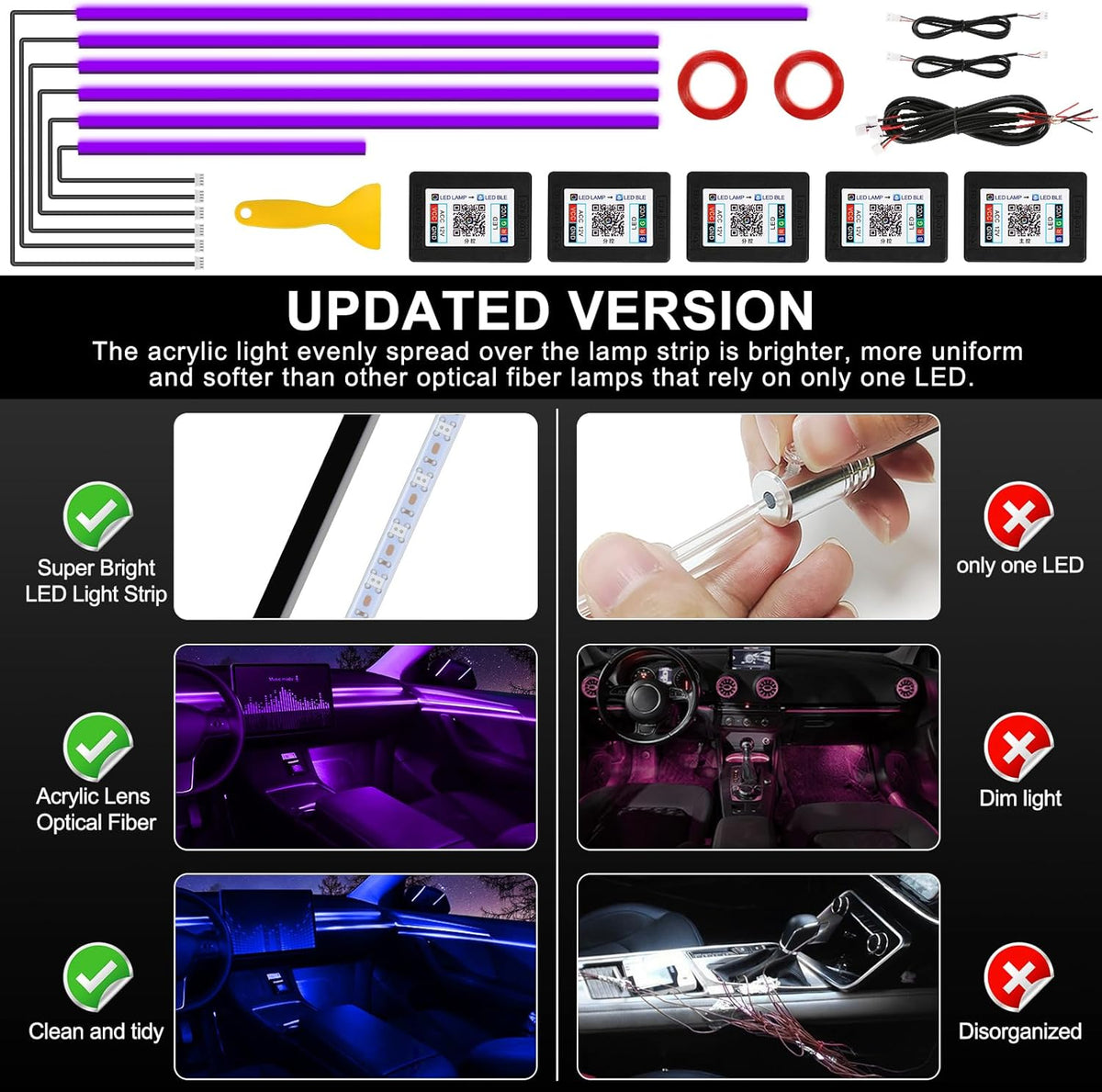 Acrylic Interior Car LED Strip Light with Wireless APP, Car Accessories 6 in 1 with 175 inches 593 LEDs Fiber Optic Ambient Lighting Kits, RGB Dynamic Music Sync Neon LED Strip Light for Car