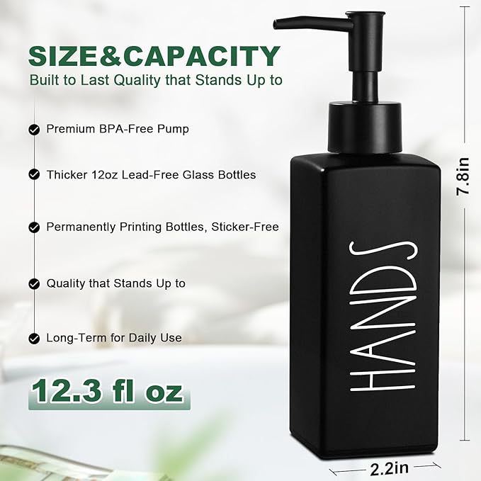 Hand Soap Dispenser, Matte Black Soap Dispenser for Bathroom, Glass Hands Liquid Dispenser with Pump, Farmhouse Soap Bottle Dispenser, Refillable Soap Bottle for Bathroom Decor, 12.3fl oz
