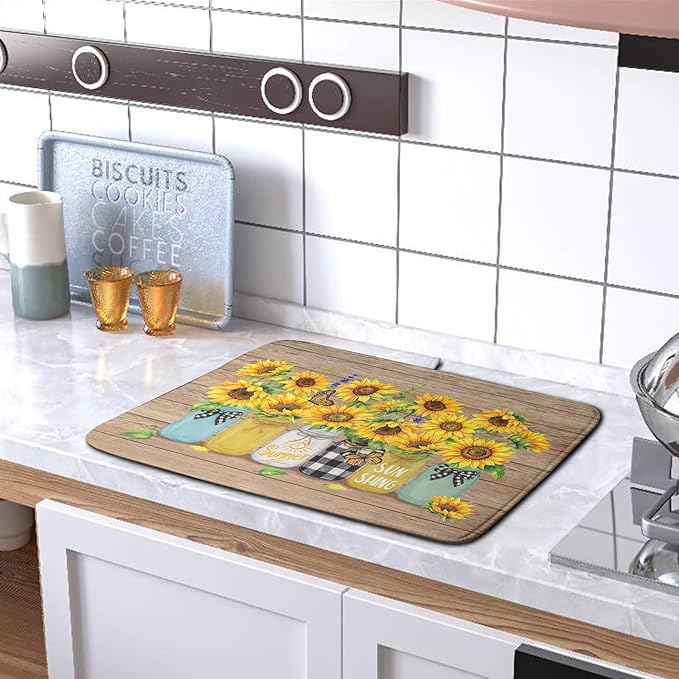 Sunflower Dish Drying Mat for Kitchen 18x24 Inch Counter Rustic Vintage Floral Vases Wood Grain Drying Mats Microfiber Absorbent Dishes Drying Pad Spring Summer Flowers Dish Drainer Rack Mat