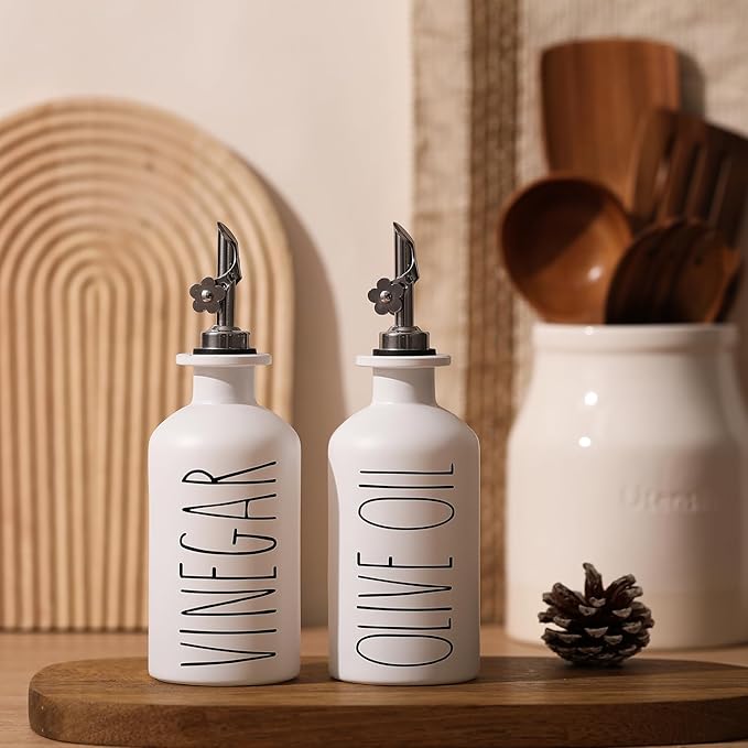 HOMCDALY Premium Olive Oil Dispenser for Kitchen, 11.8oz Glass Oil Bottles with Bamboo Tray, White Oil&Vinegar Cruet Set, Kitchen Dispenser Bottles with Pourer| Set of 2 (11.8oz –P–White)