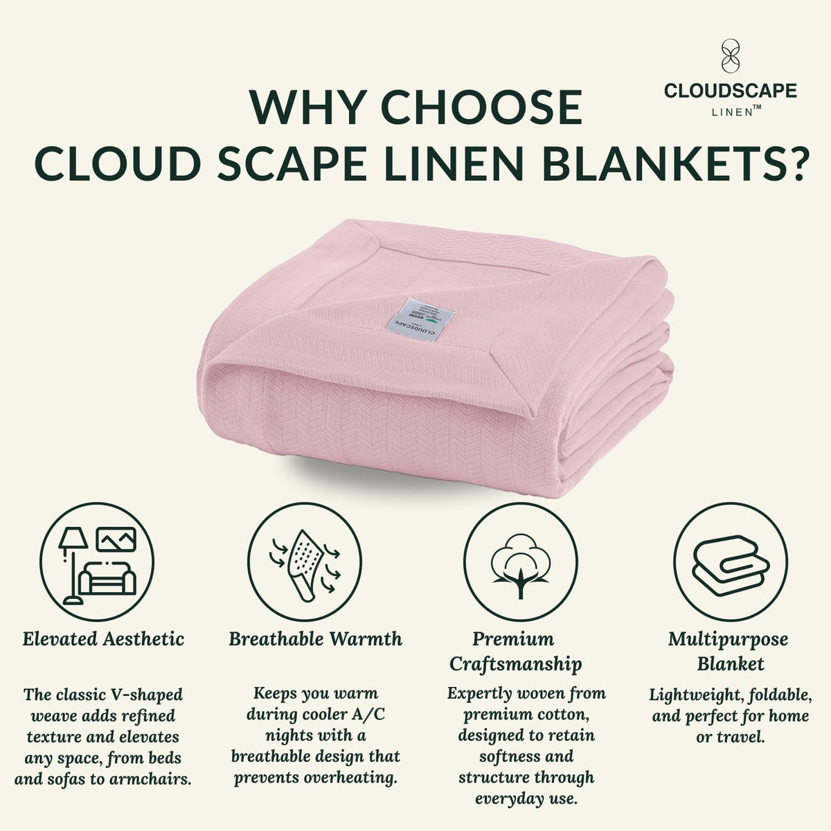 Cloud Scape Linen 100% Cotton Queen Size Blanket, Herringbone Pattern, Lightweight Summer Blanket,Best Gifts for Women, fits Full Size Bed, 92 x 92, Seashell Pink