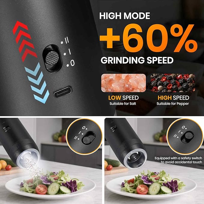 Gravity Electric Salt Grinder Set with Variable Grinding Speed, External Adjustable Coarseness, One Hand Operation, Upgraded Larger Capacity,White LED Light, Black 2 Pcs