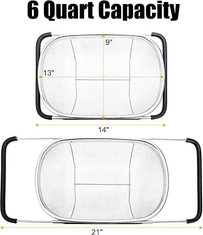 Suwimut 2 Pack Over the Sink Oval Colander for Kitchen, Stainless Steel Fine Mesh 6 Quart Strainer Basket with Expandable Rubber Grip Handles for Straining, Draining, Rinsing Fruits, Vegetables