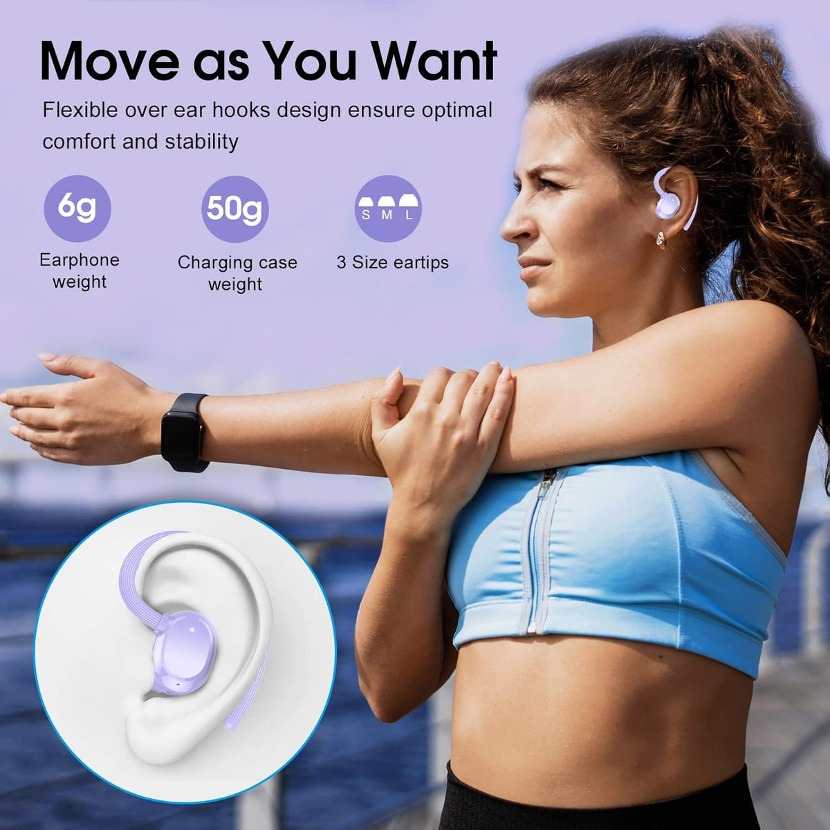 Wireless Earbuds, 2023 New Ultralight Sport Bluetooth 5.3 Headphones In Ear with LED Display, Built-in Mic Earphones, IPX7 Waterproof Wireless Headphones with Earhooks for Gym Workout (Purple)
