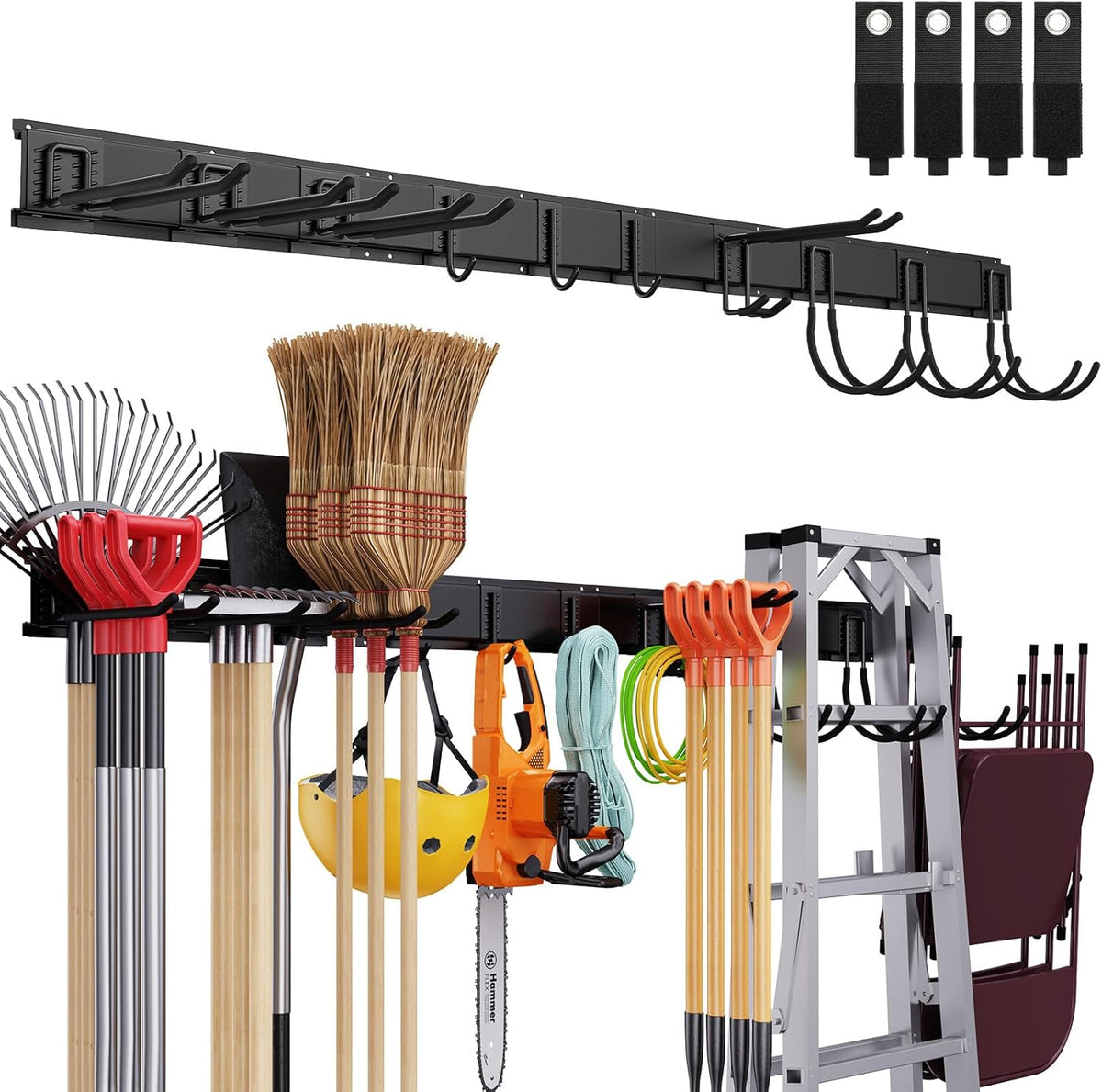 Tool Storage Rack Wall Mount, 64 Inch Adjustable Garden Tool Organizer, Heavy Duty Garage Wall Organizer Rack, Yard Tool Organizer System for Rake Shovel Broom Mop Wall Holder