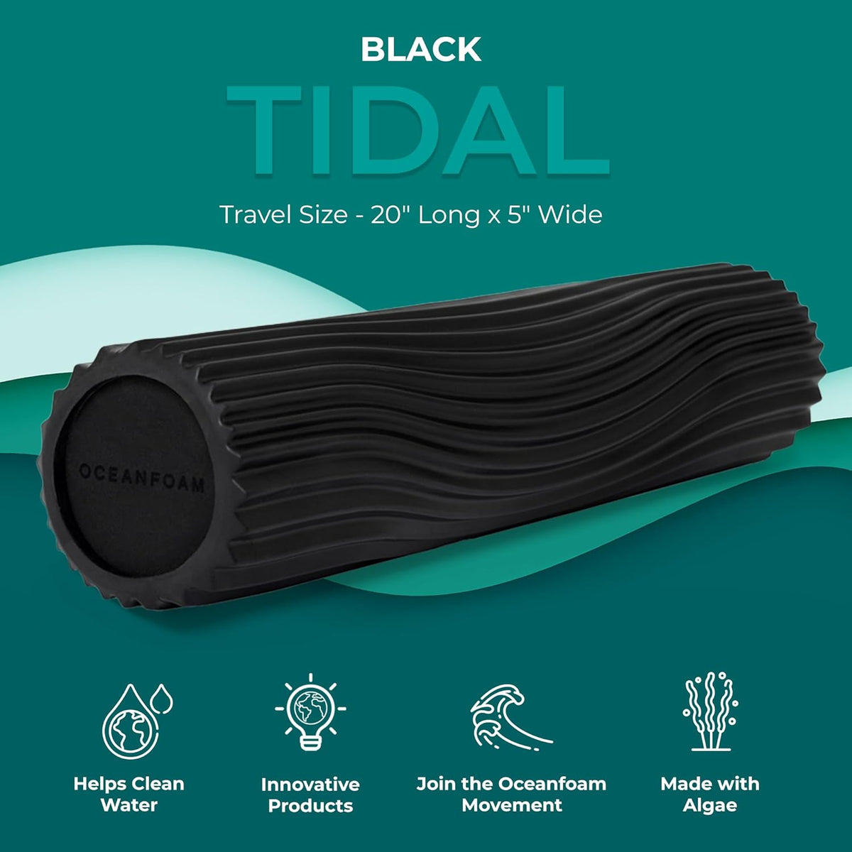 Oceanfoam Tidal Roller - Black - Muscle Massage Foam Roller for Back Pain & Stretching - Firm and Ergonomic Wide Wave Textured - Yoga, Athletics, & Wellness - Full Size, 20" x 5"