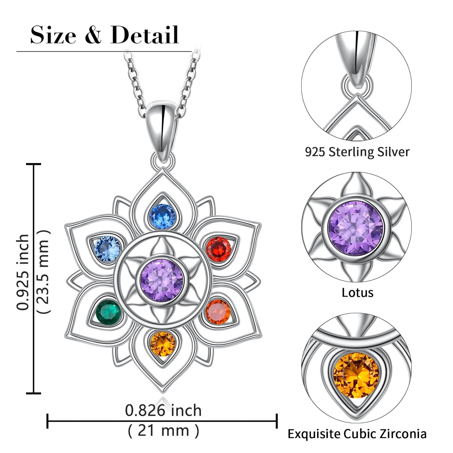 FLYOW 925 Sterling Silver 7 Chakras Lotus Necklace, Rainbow Stones Yoga Pendant for Energy Balance, Spiritual Healing Jewelry for Anxiety Stress Relief Meditation