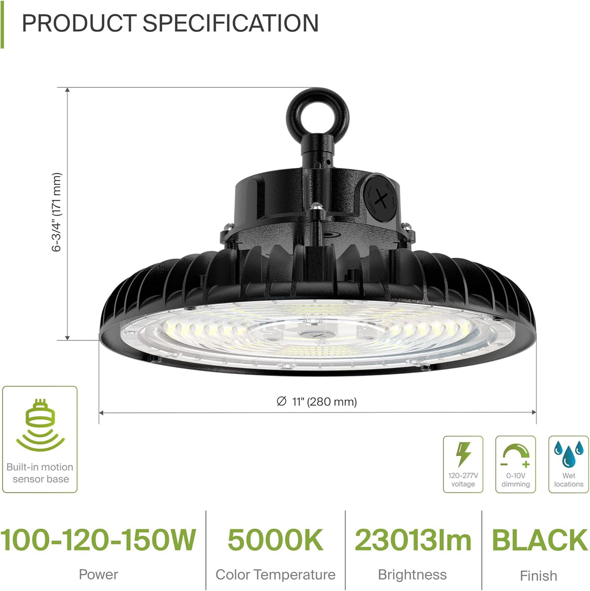 ASD LED High Bay UFO Light Fixture, Commercial Shop Lighting | Dimmable, IP69K Waterproof, DLC Premium, UL Listed | 150W 23000LM 5000K 100-277V | Warehouse, Garage, Workshop, Barn Lamp | Black, 6 Pack
