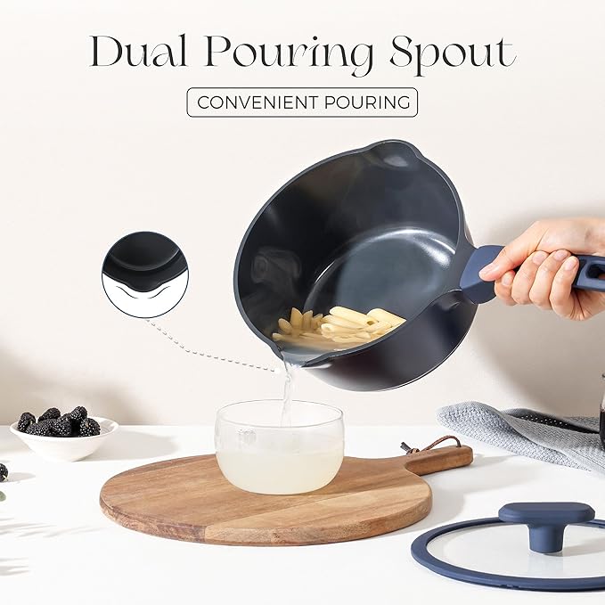PRICUSIS Ceramic Nonstick Saucepan with Lid, 1.3 Quart Non Toxic Pot with Pour Spouts, Full Coated, 100% Dishwasher Safe, Induction Compatible & Oven Safe, PTFE PFAS & PFOA Free, Blue