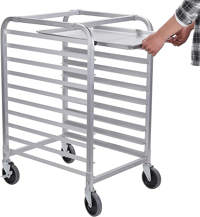 HALLY SINKS & TABLES H Bun Pan Rack 10 Tier with Wheels, Commercial Bakery Racking of Aluminum for Full & Half Sheet - Kitchen, Restaurant, Cafeteria, Pizzeria, Hotel and Home, 26" L x 20" W x 38" H