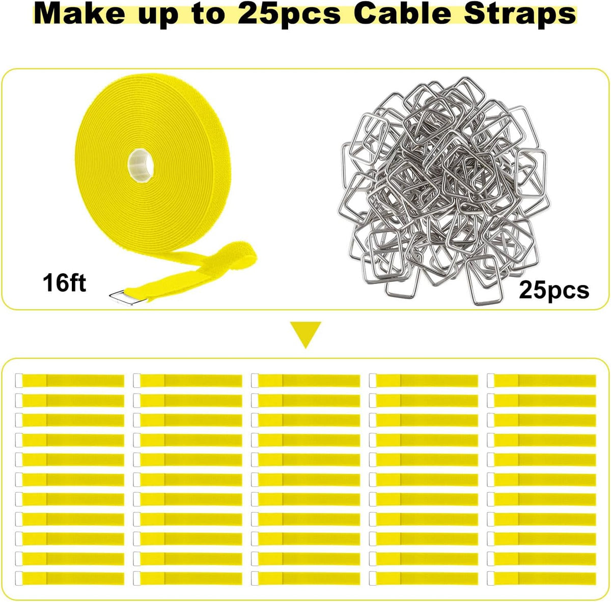 1"x16ft Hook and Loop Straps with 25 Metal Buckles, Adjustable Fastening Cable Straps, Cut-to-Length Cinch Strap, Reusable Nylon Securing Cord Ties for Organizer or Storage, 1 inch Wide,Yellow