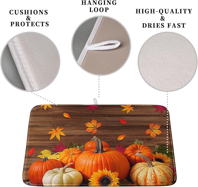 AutumnThanksgiving Pumpkin Dish Drying Mat for Kitchen Counter 18x24 Inch Fall Sunflowers Maple Leaves Harvest Kitchen Drying Mat Microfiber Super Absorbent Dish Rack Drainer Mat with Hanging Loop