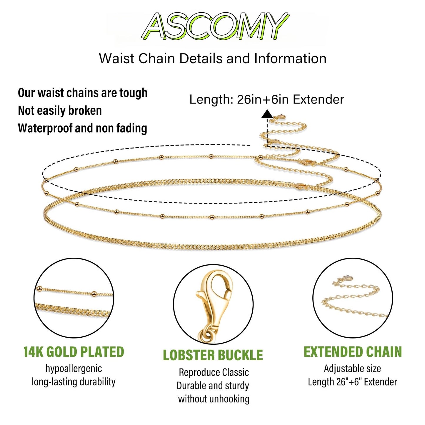 ASCOMY Waist Chains for Women 14K Gold Plated 2Pcs Body Chains Gold Waist Chain Layered Cuban Beads Belly Belt Body Chains Adjustable Bikini Body Jewelry Daily Chain Belts Gifts for Women