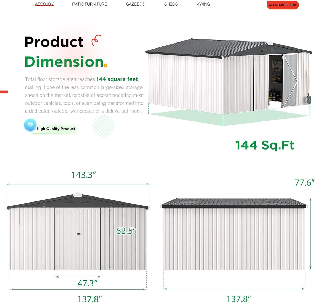 AECOJOY 12' x 12' Outdoor Storage Shed, Large Metal Sheds & Outdoor Storage Clearance Steel Yard Shed with Lockable Doors, Utility and Tool Storage Garden Shed for Backyard, Patio and Outside