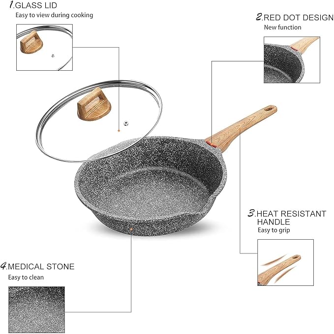 Starunder Induction Nonstick Skillet Frying Pan,Swiss medical stone Omelette Pan, Scratch-Resistant Safe Cookware Set，PFOA Free (9.5 inch)
