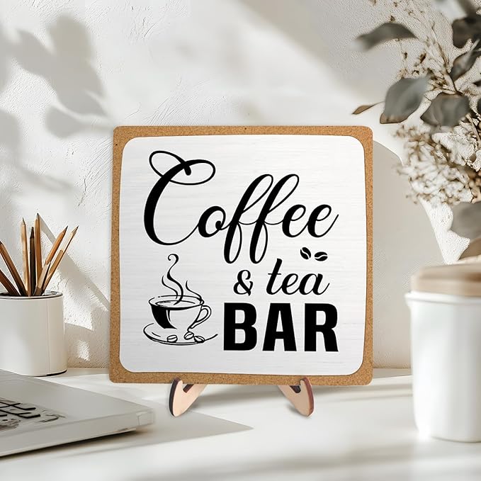Rustic Coffee & Tea Bar Decor Sign,Funny Wooden Plaque for Cafe Bar,Coffee Station,or Shelf, Farmhouse Kitchen Cafe & Tea Accessories for Home or Office 5.9 x 5.9Inch(White+Brown04)