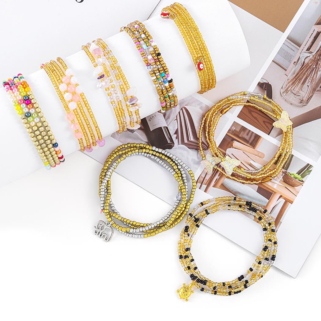 ELABEST 24-39inch African Waist Beads for Women 8Pcs Elastic Belly Beads Colorful Beaded Waist Jewelry Accessories Body Chain (Gold, 31.5inch/80cm)