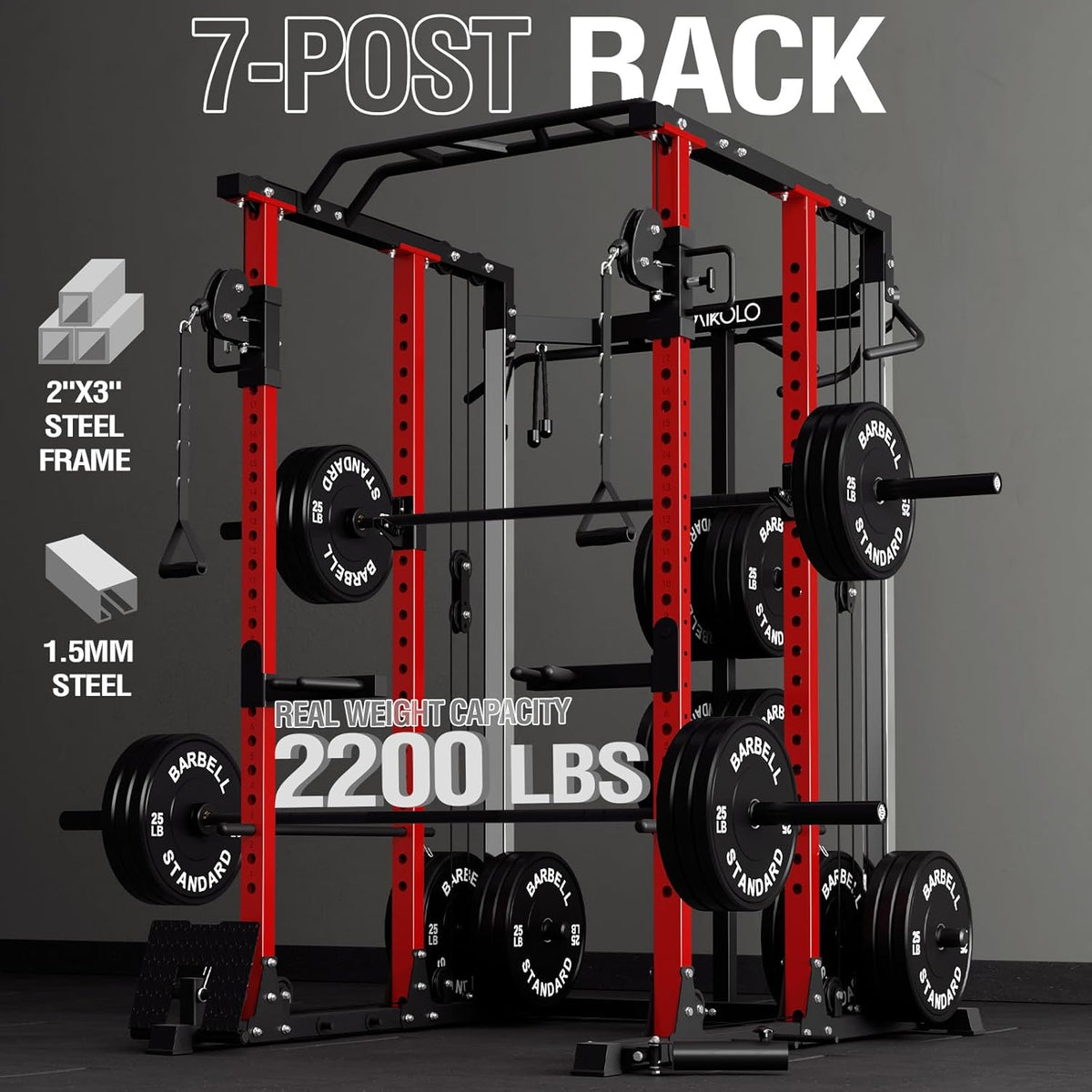 Mikolo Power Cage, Power Rack with Cable Crossover and Dual Independent Pulley System, 2200 Pounds Capacity Workout Cage with More Training Attachments, Squat Rack for Home Gym, PC07 Versions