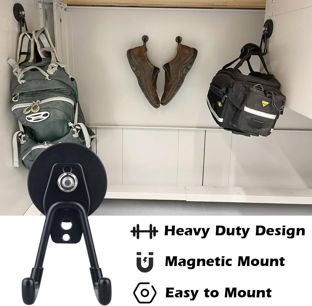 MUTUACTOR Powerful Magnetic Hooks,Non-Slip Heavy Duty Magnetic Hooks for Hanging,Magnetic Mount Strong Metal Storage Hooks for Organize Garage Tools Power Drill Driver Tool Chest Locker(4Pack,Black)