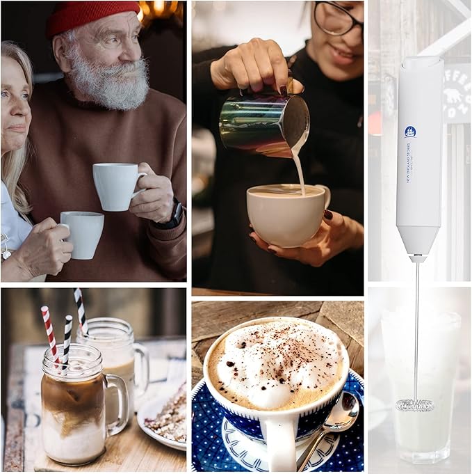 Powerful Milk Frother Handheld Foam Maker, Mini Whisk Drink Mixer for Coffee, Cappuccino, Latte, Matcha, Hot Chocolate, No Stand, White