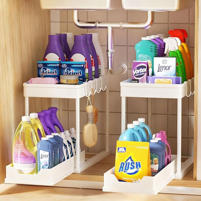 Under Sink Organizers and Storage 2 Pack, Pull-Out Sliding Cabinet Organizer with 2-Tier Storage Shelf & 4 Hooks, Multi-Purpose for Kitchen & Bathroom (13 Inch, White)