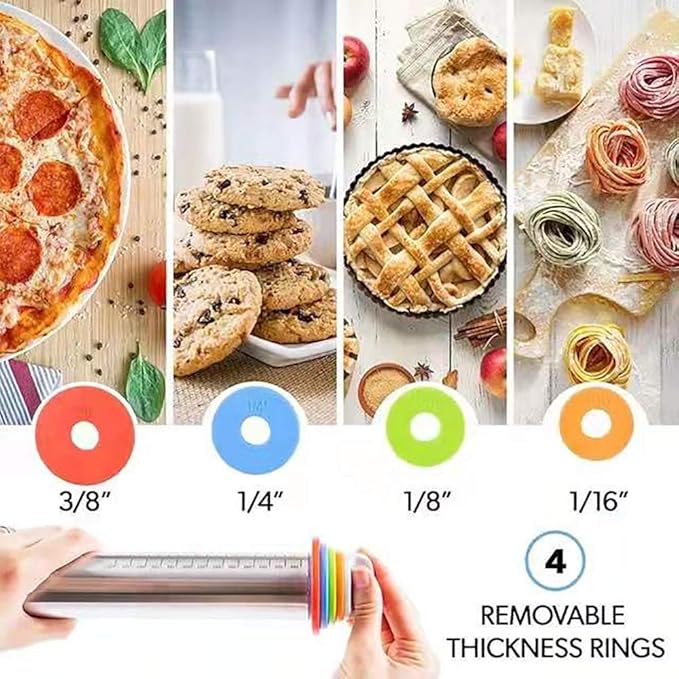 Adjustable Rolling Pin with Thickness Rings for Baking,17" Stainless Steel Dough Roller,Measurement Markings Rolling Pins For Pizza, tortilla,Pie,Pasta,Fondant,Cookies,Perfect for Chefs & Home Bakers