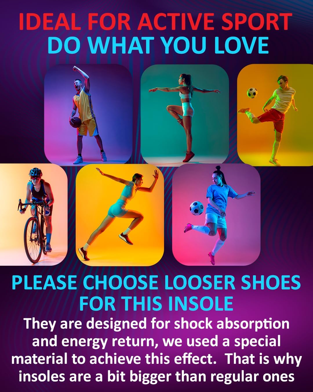 Sport Shock Absorbing Insoles - Athletic Shoe Cushioning Inserts for Men and Women - Ideal for Active Sports Running Training Hiking - Neutral Arch Good for Sneakers Shoes (M, Indigo)